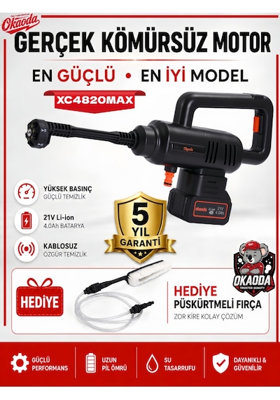Okaoda 4820 Fırçasız Motor Çift Pil Şarjlı Yüksek Basınç Oto Araba Yıkama Ve Bahçe Temiz Makinesi 90 Bar