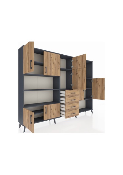 Arges Dolap 10 Raflı 4 Çekmeceli 8 Kapaklı 220x30x163 Antrasit-ça Antrasit-çam