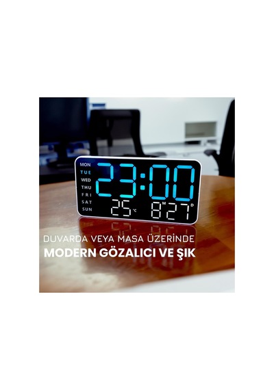 Hd Led Ekranlı Pilli Adaptörlü 2 Alarmlı Sıcaklık Tarih Göstergeli Mavi Beyaz Duvar Masa Saati Fonksiyonel Saat
