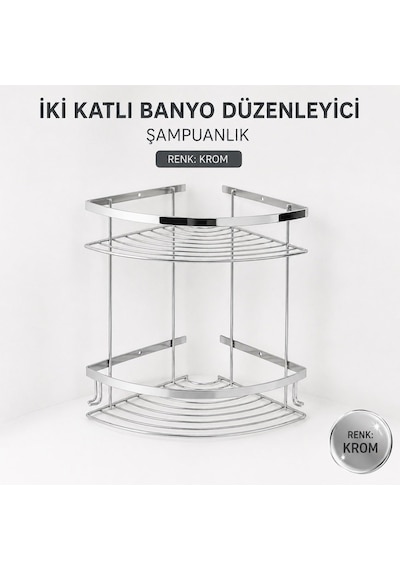 İki Katlı Krom Şampuanlık 18x18 Cm Paslanmaz Banyo Rafı Duş İçi Köşe Düzenleyici Organizer Diğer