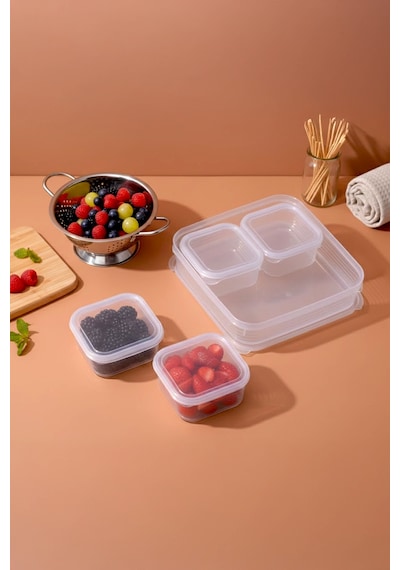 Sızdırmaz Kapaklı 4+1 Bölmeli Kahvaltılık Saklama Kabı-buzdolabı Organizeri 4x0,25 Lt-1x1,6lt Şeffaf