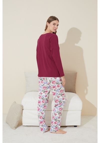 Siyah İnci Pamuklu Örme Pijama Takım 24240104 Bordo