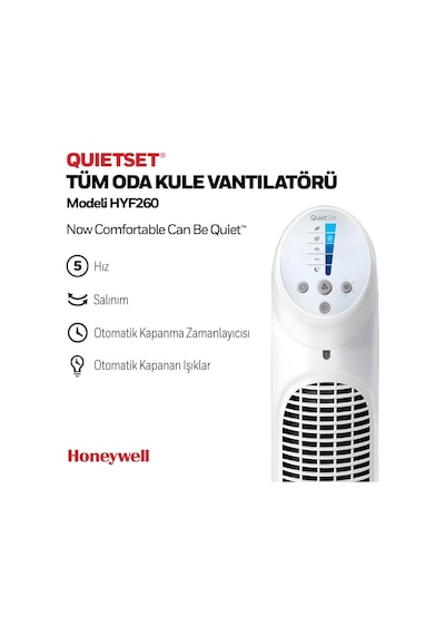 Honeywell Quietset Hyf260 Tüm Oda İçin Salınımlı Kule Vantilatör, 5 Hız Ayarı, 80 Derece Salınım, Zamanlayıc