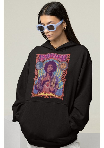 Sevbano Jimi Hendrix Baskılı Unisex Oversize Şarkıcı Hoodie Siyah