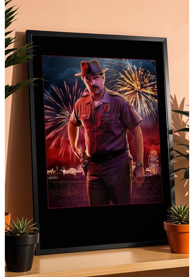 Stranger Things Jim Hopper Tasarım Çerçeveli Tablo - Emniyet Müdürü Retro Sanatsal Duvar Dekoru Siyah