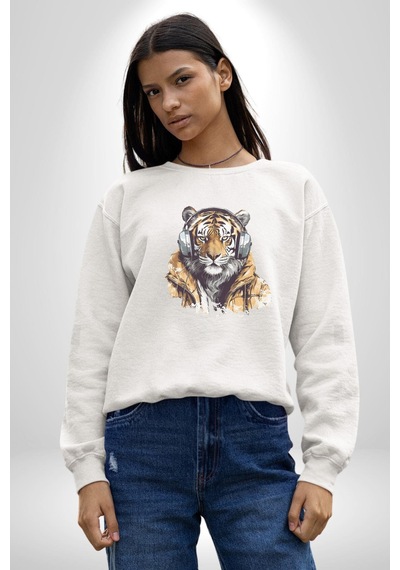 Müzik Dinleyen Kaplan İnsan Mont Unisex Beyaz Baskılı Sweatshirt Beyaz