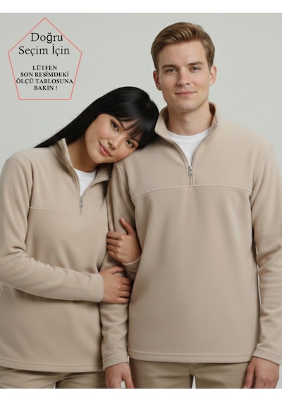 Smalltouch Unısex Tüylenme Yapmayan Normal Kalıp Dik Yaka Soğuk Geçirmez Polar Bej