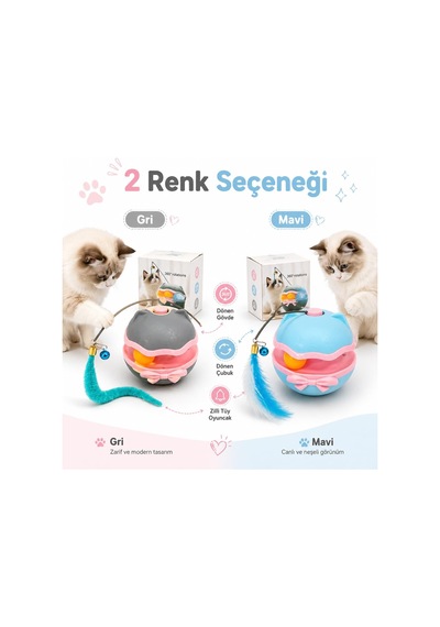 Etkileşimli Kedi Oyuncağı - Devrilmez Tumbler Top, Kendi Etrafında Dönen Gövde Ve Dönen Tüylü Çubuklu Zilli Kedi Oyuncağı, Evde Oyun Ve Aktivite İçin Mavi