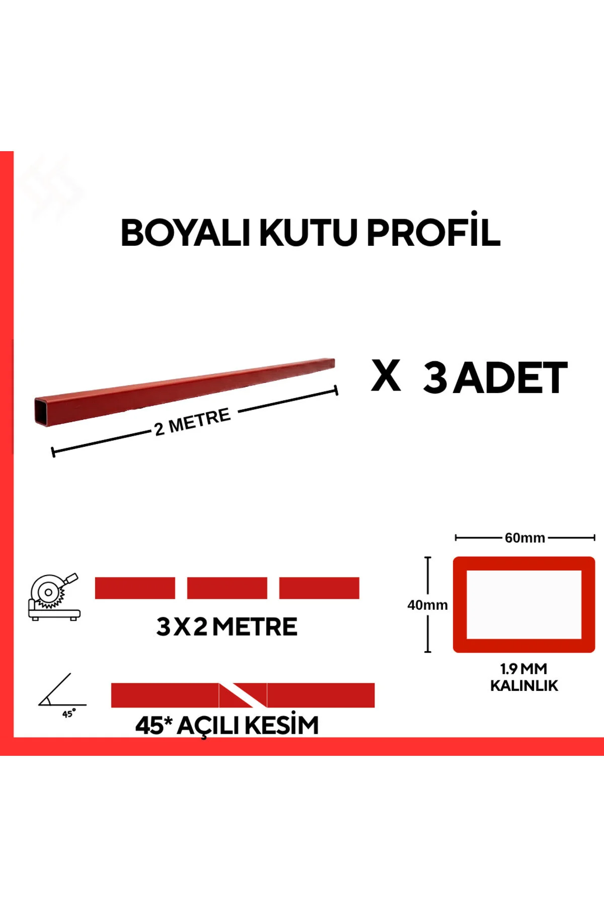 60x40x1,9 Mm Boyalı Kutu Profil 6 Metre 3 X 2 Metre Dikdörtgen Çelik Profil Kaynaklanabilir Metal Profil