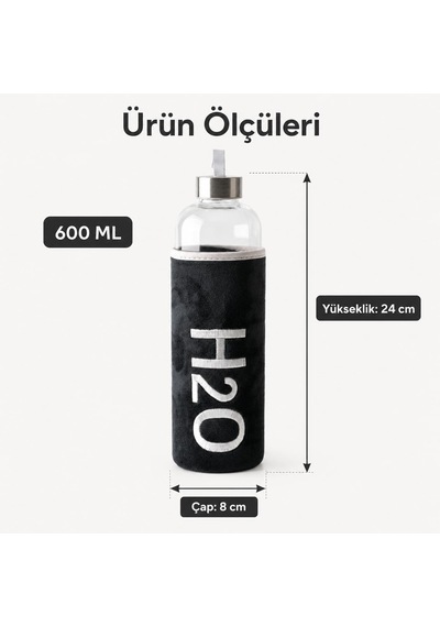 Peluş Kılıflı Cam Matara 600 Ml, Siyah H2o Nakışlı Kılıf, Taşıma Askılı Metal Görünümlü Vidalı Kapak, 8 24 Cm Şeffaf