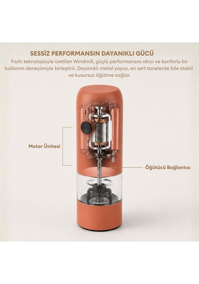 Pizen Windmill Usb Şarjlı Otomatik Baharat Öğütücü Led Işıklı Ayarlanabilir Tuz Karabiber Değirmeni Turuncu