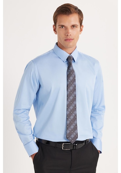 Tudors Erkek Slim Fit Premium Likralı Pamuk Saten Mavi Gömlek-35741 Mavi