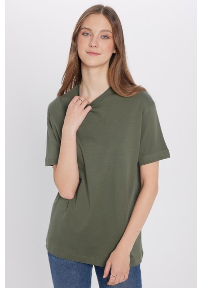 Tudors Unisex Relax Fit Rahat Kesim %100 Pamuk Yumuşak Dokulu Basic Bisiklet Yaka Haki Tişört-30850 Haki