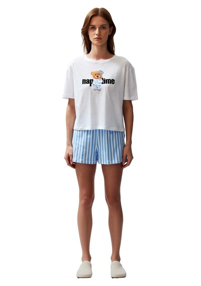Ersefa Kadın Çizgili Şortlu Ayıcık Temalı Pijama Takımı Fonksiyonel Daya Beyaz - Çok Renkli Ersefa Kadın Çizgili Şortlu Ayıcık Temalı Pijama Takımı Fonksiyonel Daya Beyaz - Çok Renkli