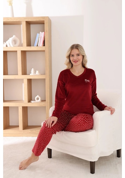 Pijamoni Kadın Fransız Kumaş V Yaka Puantiyeli Bordo Pijama Takımı Bordo