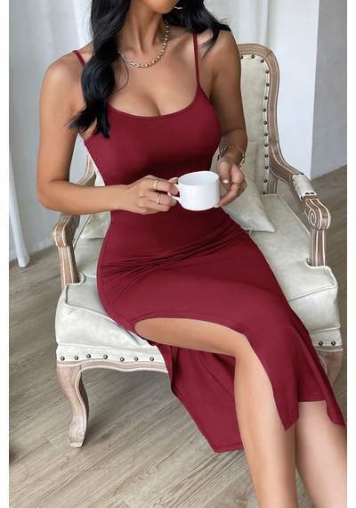 Ang Butik Kadın Bordo Yırtmaçlı Diz Altı Vücüdu Saran Gecelik