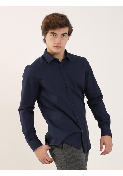 Dufy Lacivert Erkek Slim Fit Klasik Yaka Uzun Kol Gömlek - 92858 Lacivert