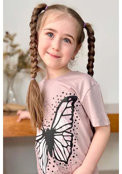 Riccotarz Kız Çocuk Kara Kalem Kelebek Baskılı Penye Pudra T-shirt Şortlu Takım Pudra