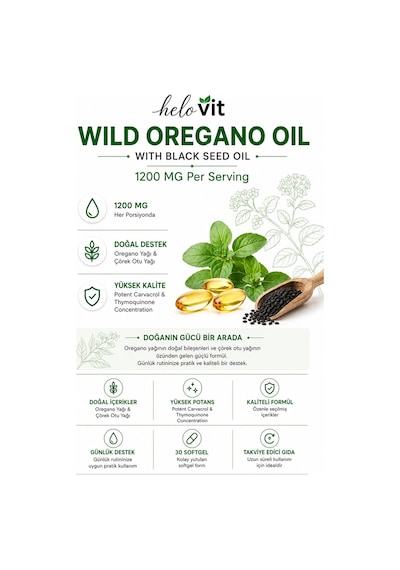 Helovit Wild Oregano Oil 1200 Mg Çörek Otu Yağı İçeren Doğal Vücut Direnci Desteği 30 Softjel