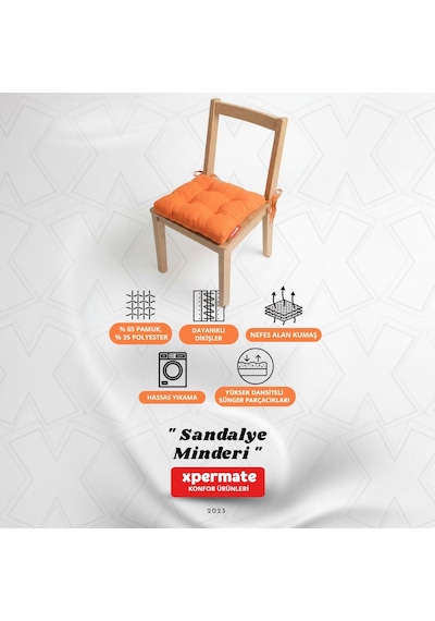 Pofuduk Sandalye Minderi Bağcıklı 40x40 Cm Yıkanabilir Dekoratif Mutfak Bahçe Piknik Minderi Turuncu