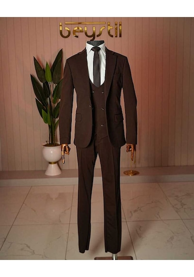 Bys Beystil Kahverengi Mono Yaka Takım Elbise Nikol - Slim Fit Kahve