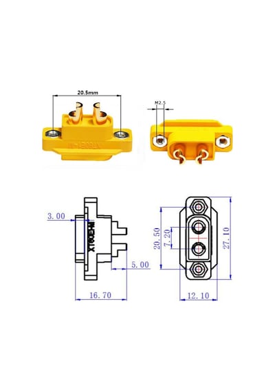 Xt60 Panel Montaj Tip Erkek Konnektör Lityum Lipo Pil Akü Batarya Bağlantı Konnektörü Rc Esc Motor