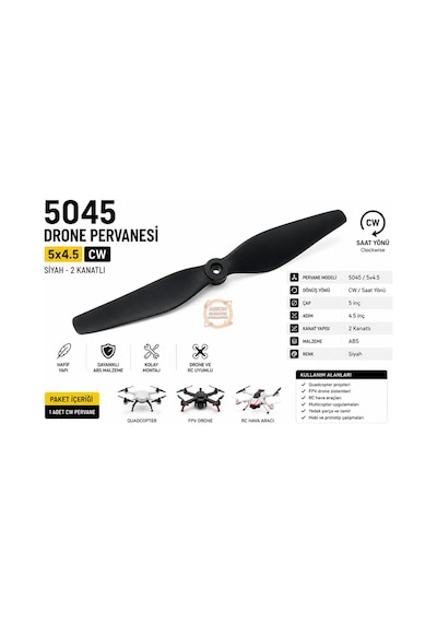 5045 Drone Pervanesi 5x4.5 Cw Siyah 2 Kanatlı