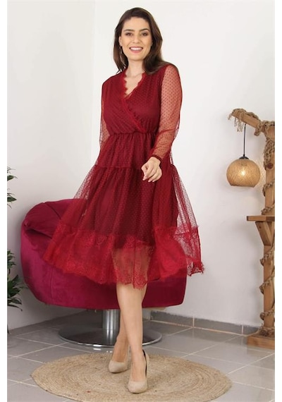 Neşeli Butik Kadın Kruvaze Yaka Eteği Güpür Detaylı Yeni Sezon Elbise Apcx10 Bordo