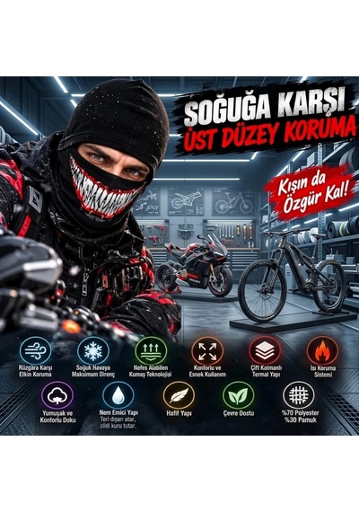 Biçomi Rüzgâr Geçirmez Kask İçi Nefes Alan Viskoz Tam Yüz Balaklava & Termal Boyunluk Unisex Siyah