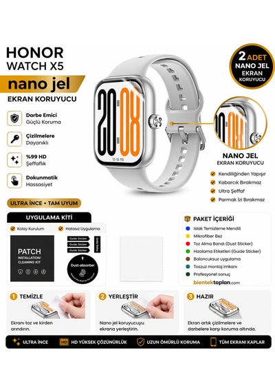 Honor Watch X5 Uyumlu Nano Hidrojel Ekran Koruyucu 2 Adet Kırılmaz Darbe Emici Tam Koruma