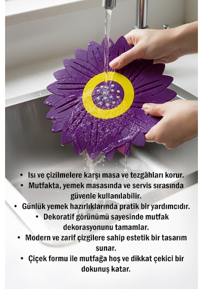 Ayçiçeği Model Kaymaz Silikon Nihale Tencere, Tava, Çaydanlık Ve Servis Altlığı 18,5 X 18,5 Cm Mor