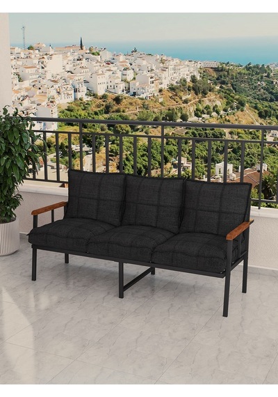 Modern Balkon, Bahçe, Cafe, Metal Koltuk, Kanepe Üçlü - Siyah Siyah