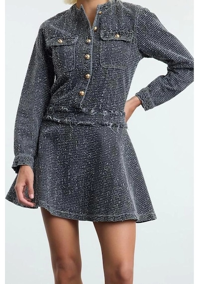 Ersefa Moda Stil Denim Bisiklet Yaka Mini Boy Cep Detaylı Elbise Gri