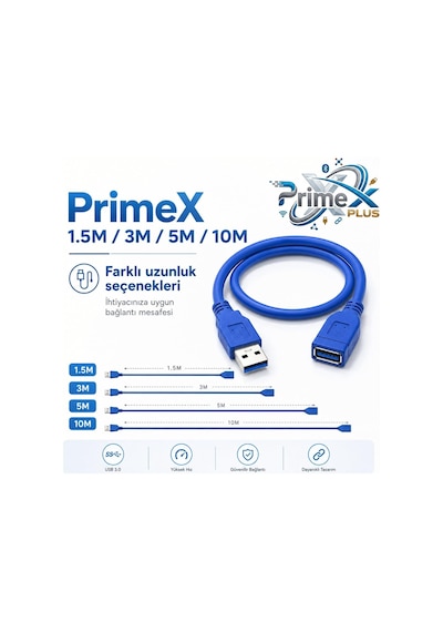 Primex Px-1710 10 Metre Usb 3.0 Uzatma Kablosu, Usb Erkek Dişi Ek Kablosu, Mavi Usb A Male To F Standart