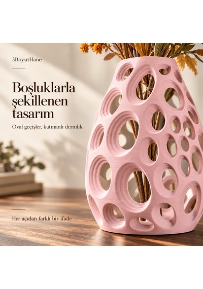 Dekoratif Vazo 20 Cm Oval Delikli Modern Tasarım Kuru Ve Yapay Çiçek Vazosu Pembe