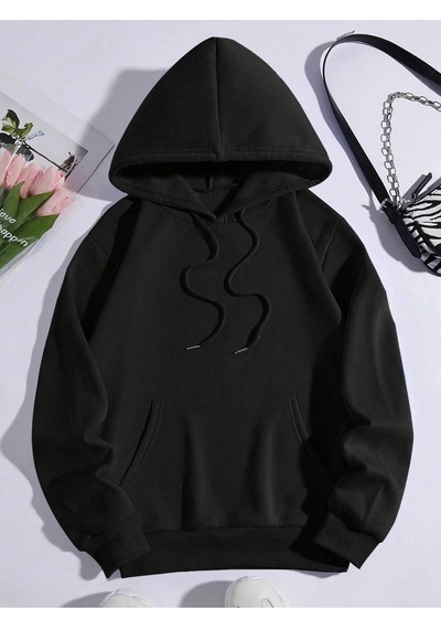 Startmore Letter Graphic Kangaroo Pocket Drawstring Lined Hoodie Siyah Siyah