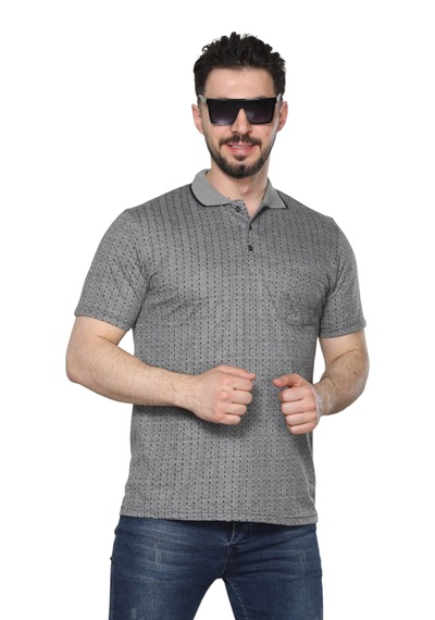 Kzctekstil Erkek Baba Ve Orta Yaş Penye Tişört Yakalı Cepli Jakarlı Kumaş Klasik Kesim Gri