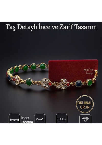 Kadın Bileklik Kırmızı Yeşil Lacivert Taş Detaylı İnce Ve Zarif Tasarım Altın - Çok Renkli