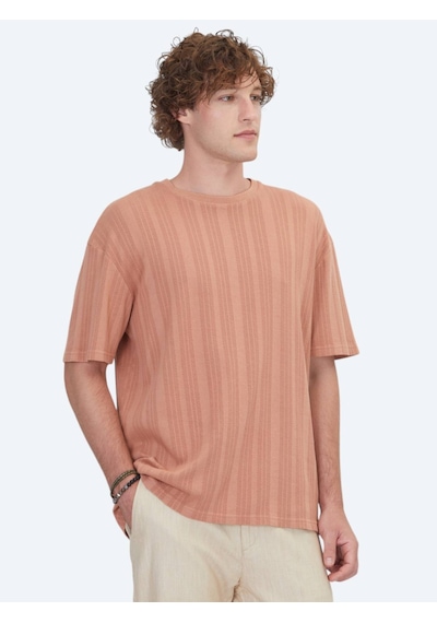 Kip Koyu Somon Çizgili %100 Pamuk T-shirt