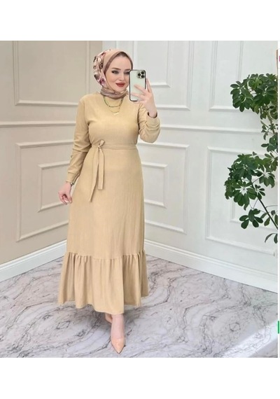 Lovie Moda Kadın Eteği Volanlı Elbise Bej