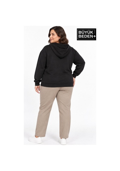Süperlife Kadın Büyük Beden Fermuarlı Kapüşonlu Cepli Sweatshirt Hırka Rahat Kalıp Spr26bhrk961 Siyah