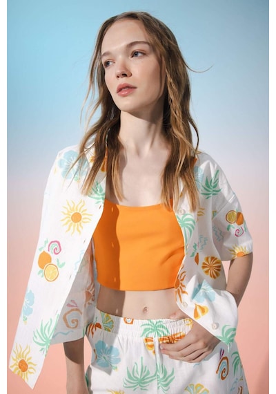 DeFacto Coool Oversize Geniş Kalıp Desenli Pijama Yaka Kısa Kollu Gömlek D5117AX24HSWT34