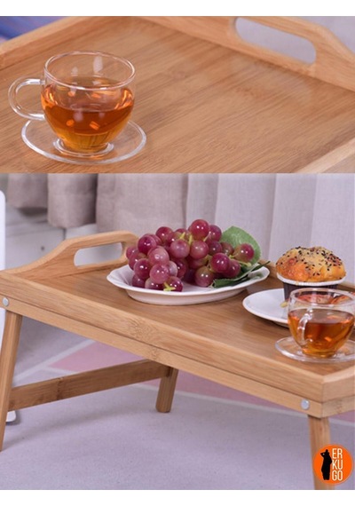 Katlanır Ayaklı Bambu Yatak Keyif Tepsisi 50cm 30cm , Portatif Tepsi Kahverengi