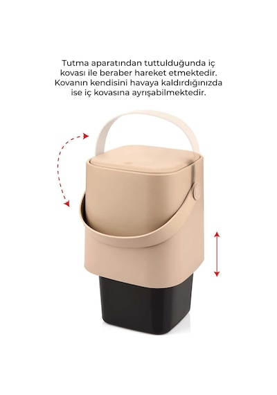 Deri Saplı İç Kovalı Click Kapaklı Mutfak Banyo Tuvalet Çöp Kovası 4 Lt Çöp Kutusu Gri Gri