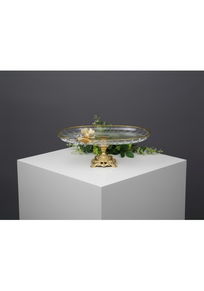 Çnr Home Collection Lüx Hediyelik Metal Ayakli Gold Oval Kelebekli Sunumluk Kurabiyelik Altin