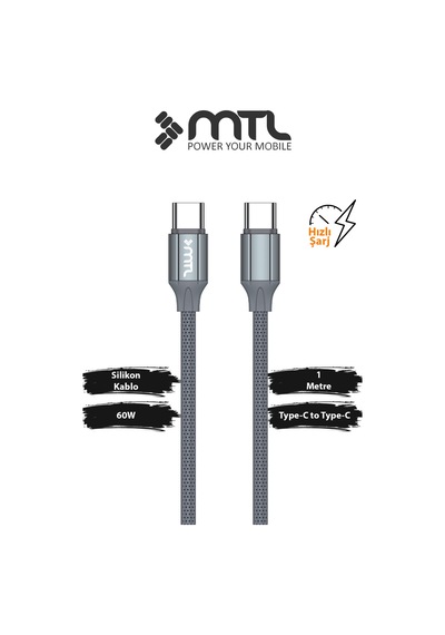 60w Pd Type-c To Type-c Silikon Hızlı Şarj Ve Data Kablosu 1 Metre Gri Mt2114