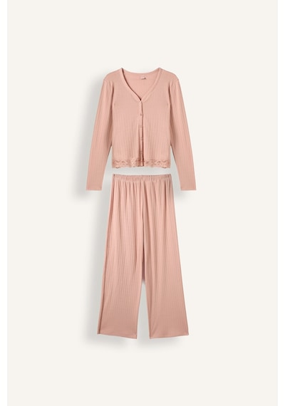 Defacto Regular Fit V Yaka Fitilli Dantel Detaylı 2li Pijama Takımı I4236ax26aubr105 Pembe-br105