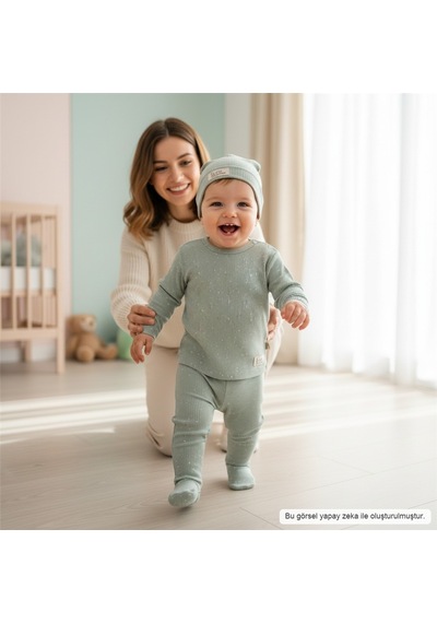 Ürünya Unisex Bebek Pamuklu Şapkalı 3'lü Takım Yeşil