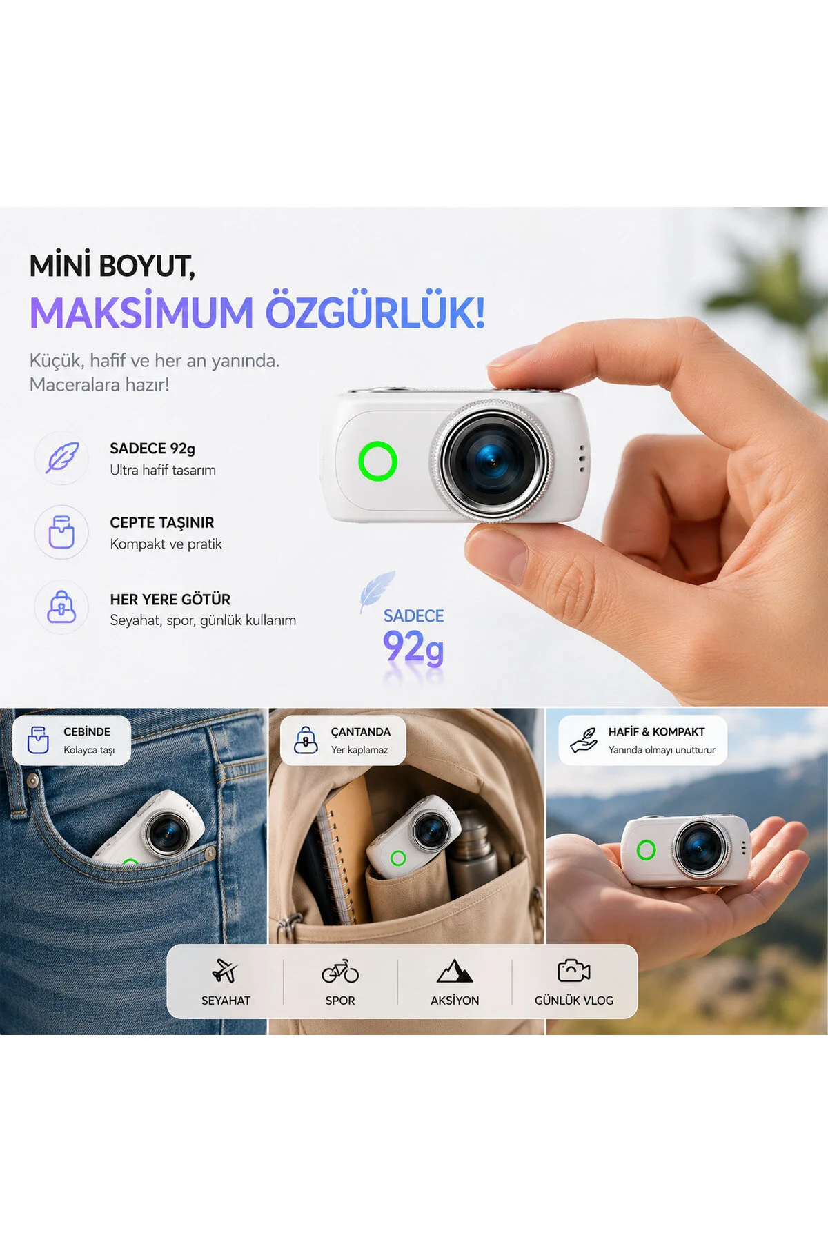 Viora 4k Aksiyon Kamerası Mini 180 Döner Ekran Wifi App Geniş Açı Taşınabilir Vlog Kamera Siyah