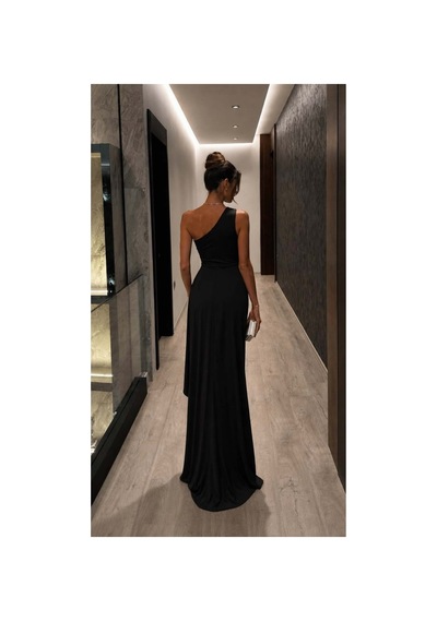 DefyModa Kadın Modern Stil Tek Omuz Kemerli Maxi Abiye Elbise Siyah